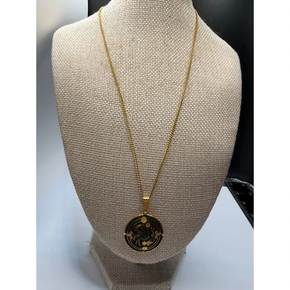 Vintage‎ Damascene Bird Floral Round Pendant Necklace Gold Silver Tone Black 18